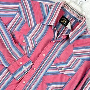VTG Saddle King Pearl Snap Western Shirt Mens XL Pink Blue Stripe Cowboy USA